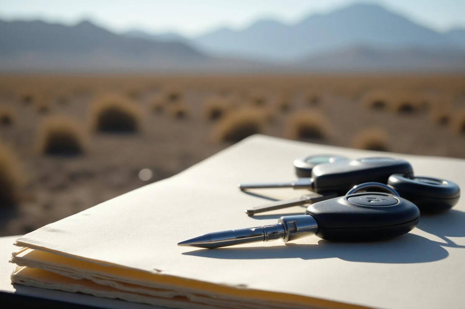 Carpeta, lapicera y llaves sobre un escritorio